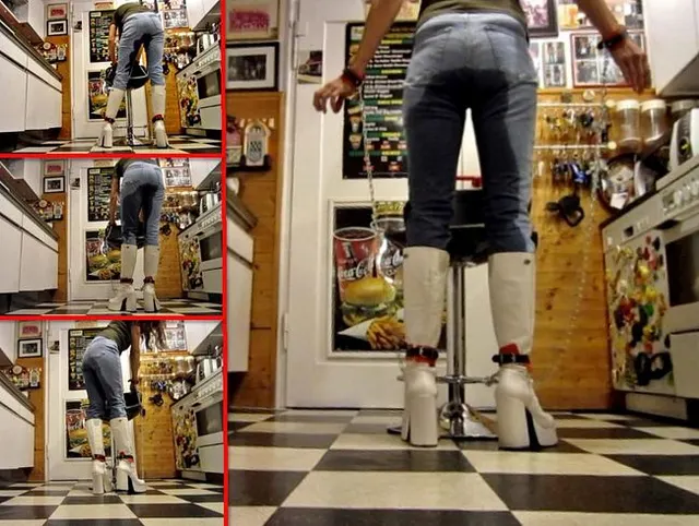 Pipi angekettet - Piss in Jeans und Plateau-Stiefeln
