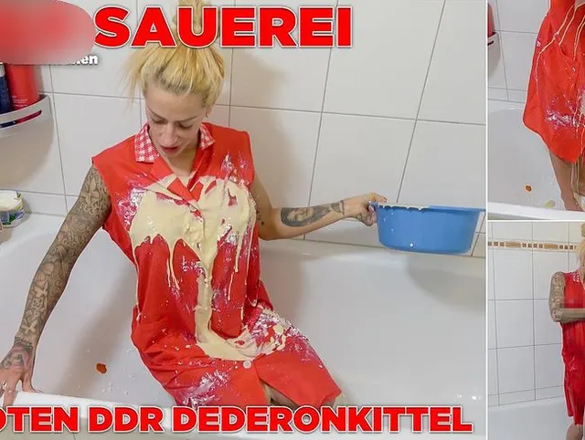 Geile Messy Sauerei mit Kittel aussauen und duschen im roten DDR Dederonkittel