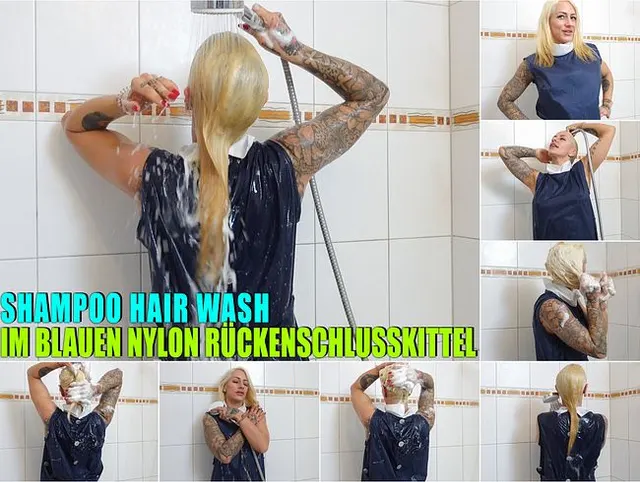 Wetlook: Haare waschen und shampoonieren im blauen Nylon Rückenschlusskittel