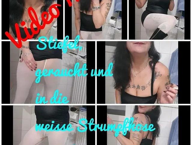 Stiefel, geraucht und in die weisse Strumpfhose gemacht