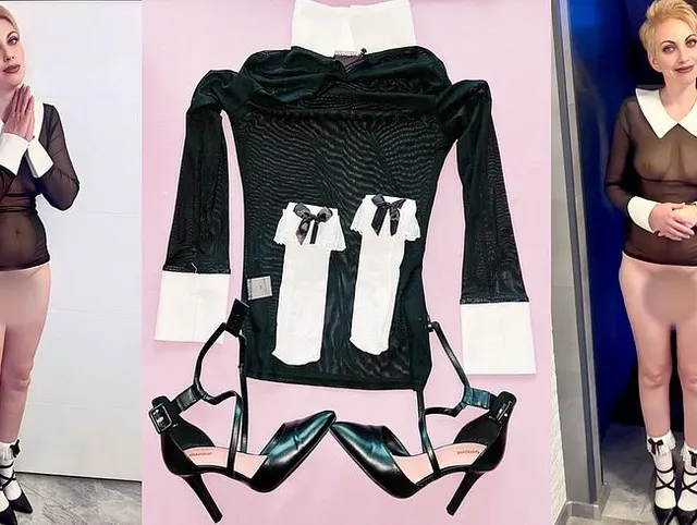 Sexfrau in einem transparenten kleid, im schlafzimmer