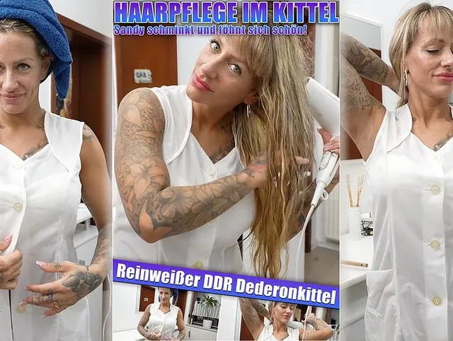 Ich schminke mich und föhne meine langen blonden Haare im weißen Kittel aus Dederon