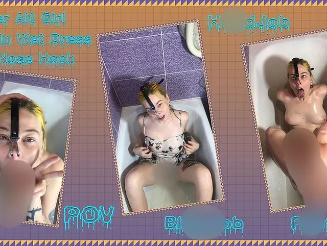Alt-Girl unter der Dusche im nassen Kleid mit Nasenhaken. Handjob, Fußjob, Blowjob, realistischer Dildo.