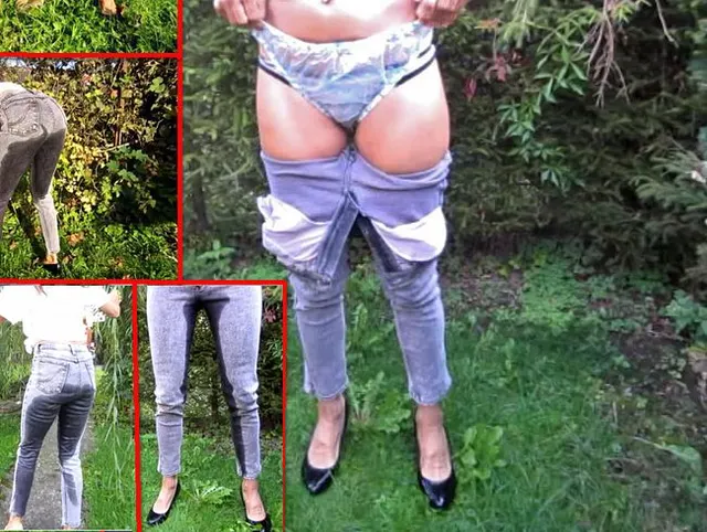 Piss in Stretch-Jeans, Plastik-Slip, Slip + Pumps 1