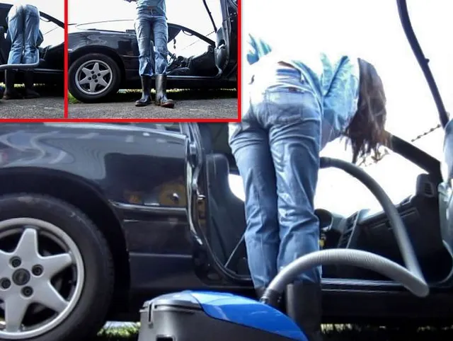 Mega-Piss in Jeans + Gummistiefeln beim Auto staubsaugen